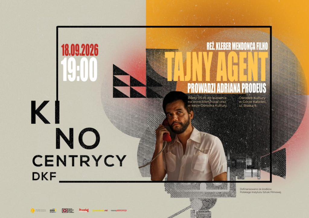 Plakat seansu filmu „Tajny agent” w DKF Kinocentrycy w Górze Kalwarii