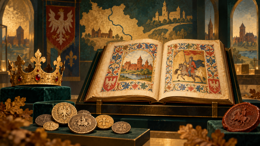 Ilustracja manuskryptu, korony i monet nawiązująca do historii Mazowsza