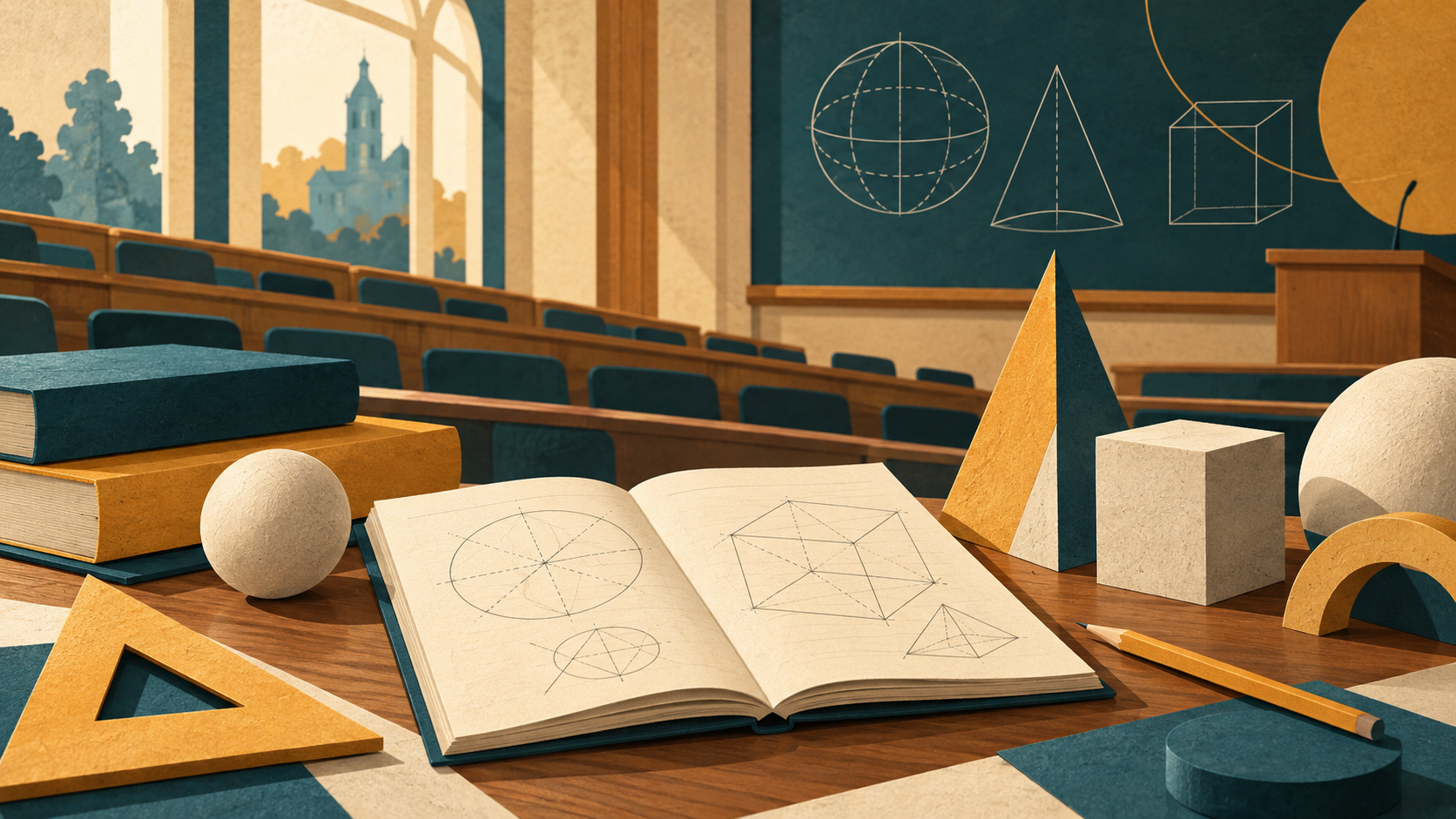 Ilustracja sali wykładowej, książek i modeli geometrycznych