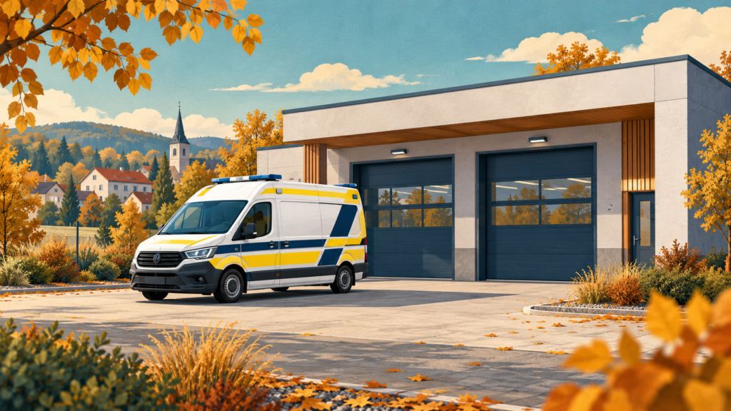 Ilustracja ambulansu przed umowną bazą ratownictwa medycznego