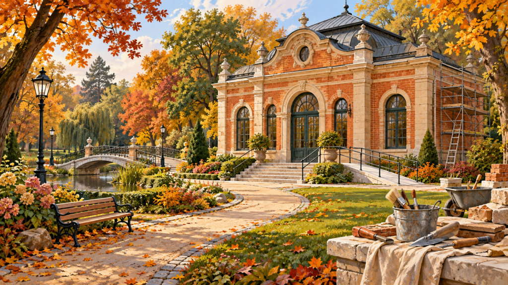 Ilustracja remontowanego zabytkowego pawilonu w jesiennym parku
