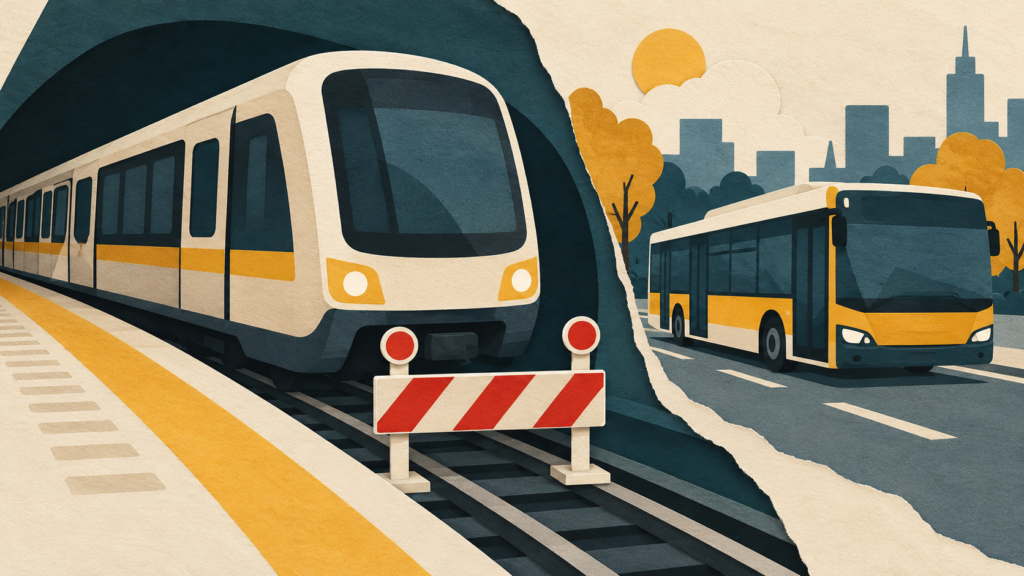 Ilustracja pociągu metra, bariery i autobusu miejskiego