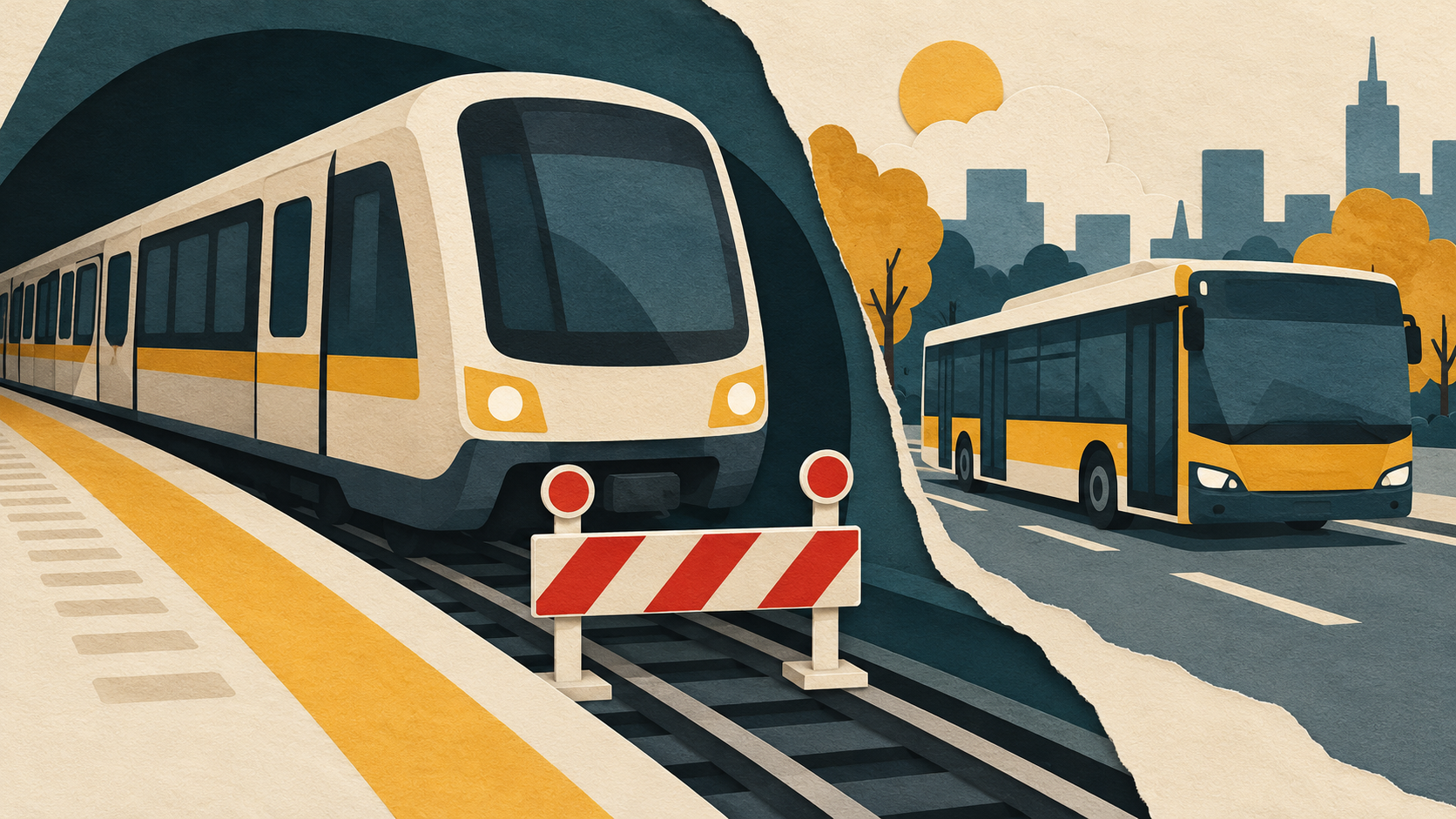 Ilustracja pociągu metra, bariery i autobusu miejskiego